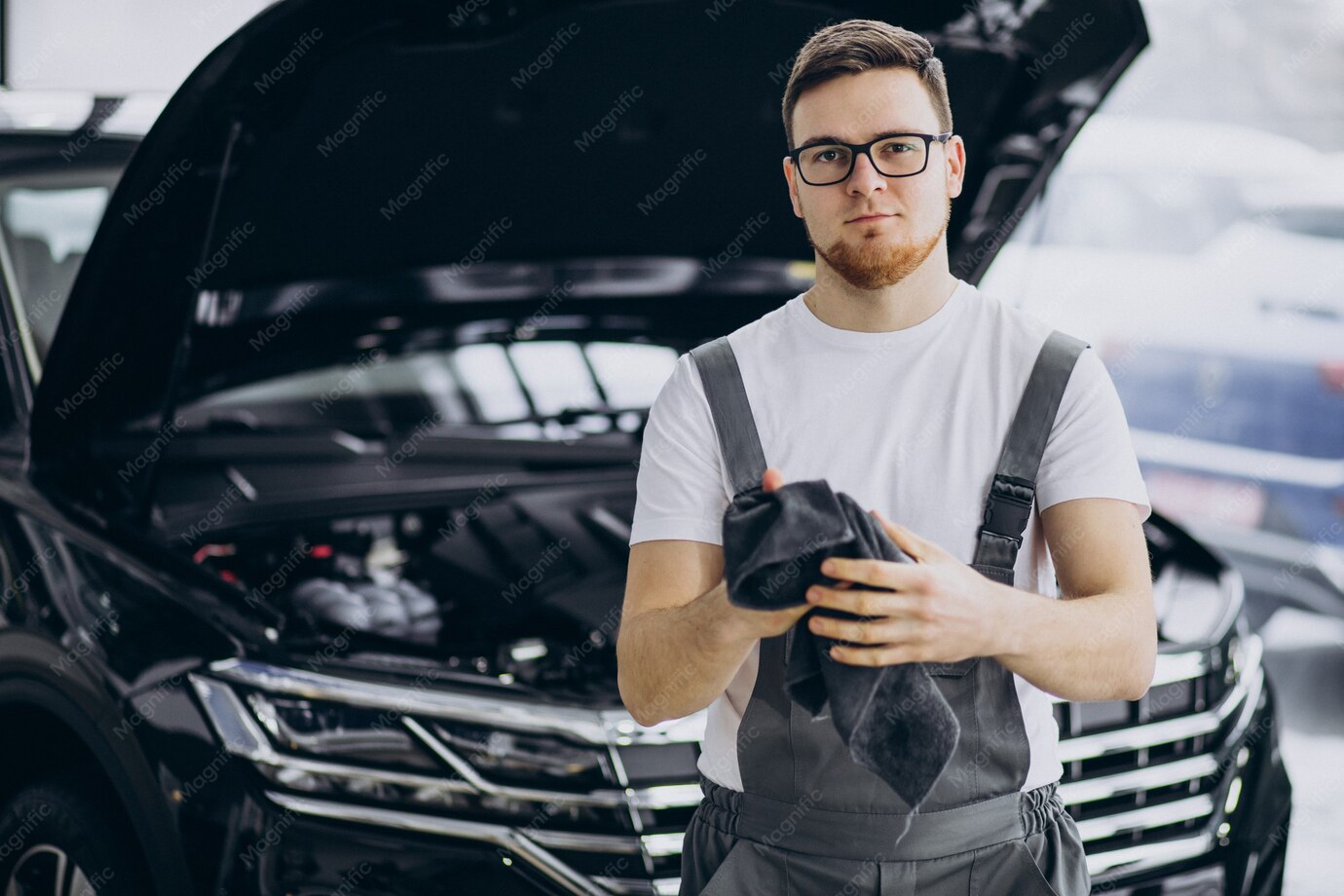 Espaço de garagem com veículos executivos alinhados para vistoria